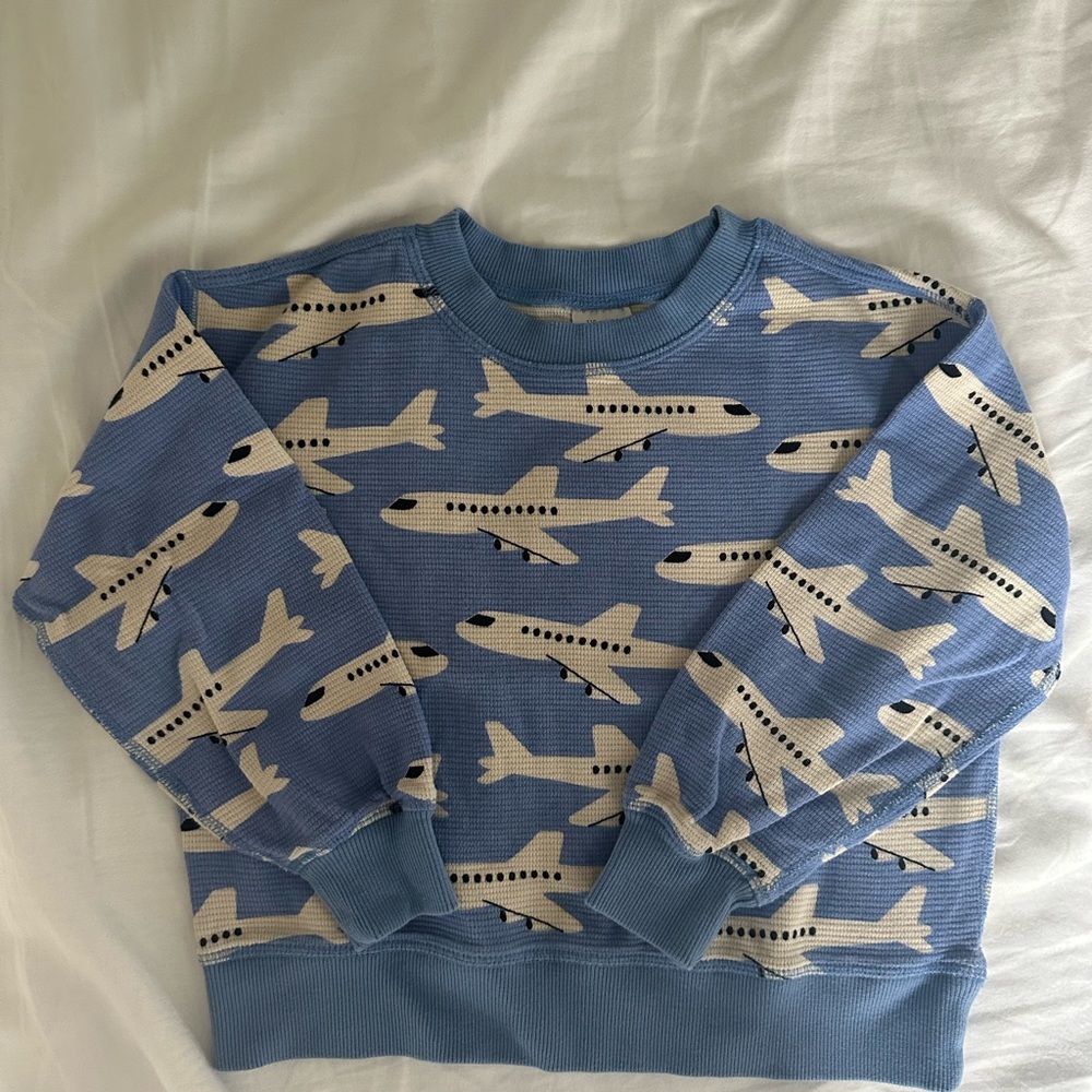 Hanna Andersson Blue Airplane Kids Waffle Knit Sweatshirt